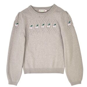 Bonpoint Girls Cherry Sweater - Gray Embroidered Wool Blend Pullover Sweater